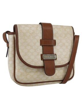 Authentic CELINE Macadam Canvas Shoulder Bag PVC Leather White Silver